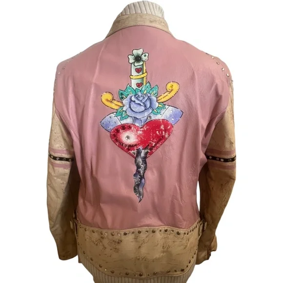 Wilsons Leather Moto Jacket Vintage Rare Biker Woman Distressed XL Pink Tattoo